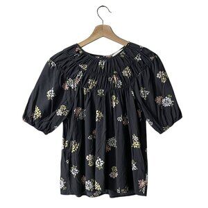 LOFT Outlet Blouse Size XS Charcoal Gray Floral Ruched Pleated Peasant 583310